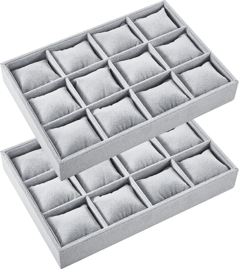 2 Pack Watch Jewelry Tray 12 Removable Pillows Light Gray Fabric Organizer